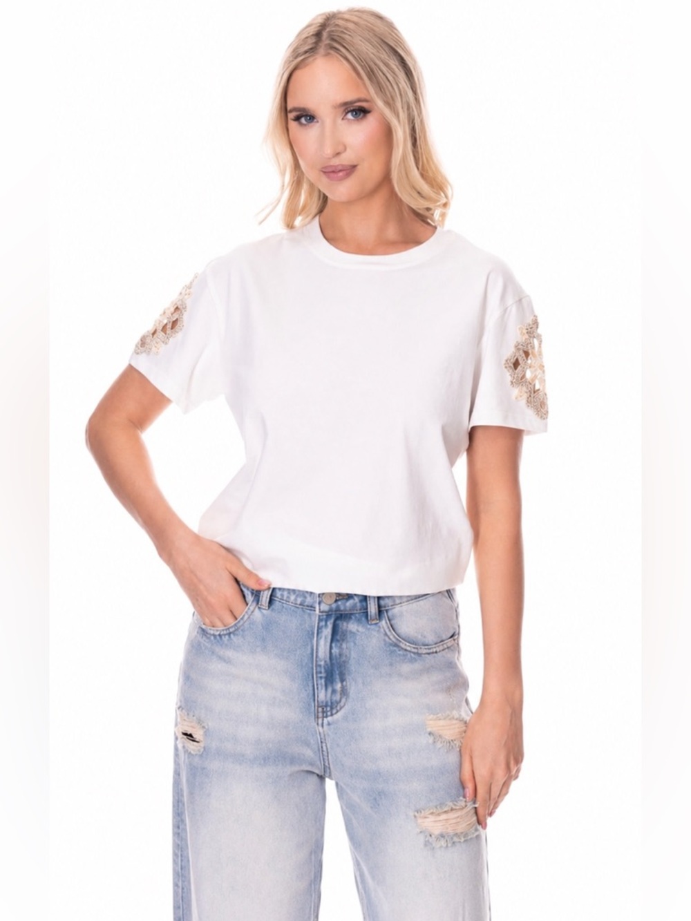 Chic White Tee with Crochet Sleeve Detail | Casual Luxe Everyday Top